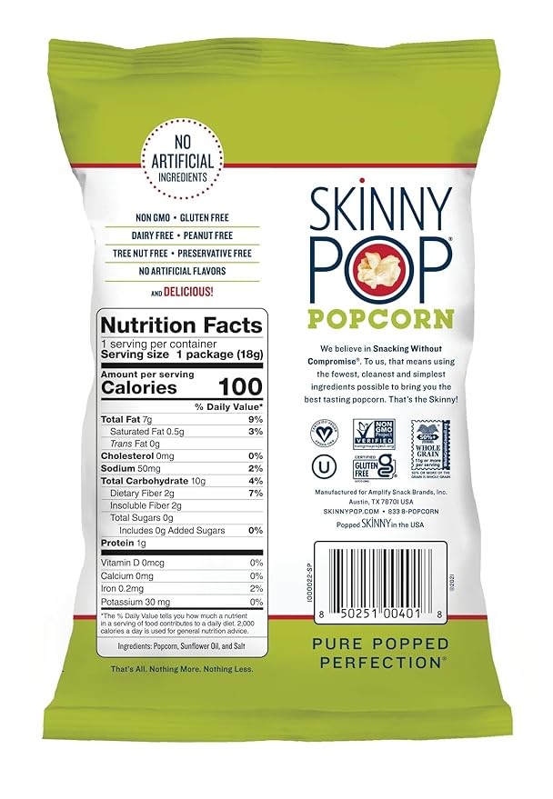 SkinnyPop Original Popcorn Snack Bag, 0.65 oz