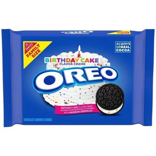 Oreo Birthday Cake Creme Chocolate Sandwich Cookies, Family Size, 17 oz